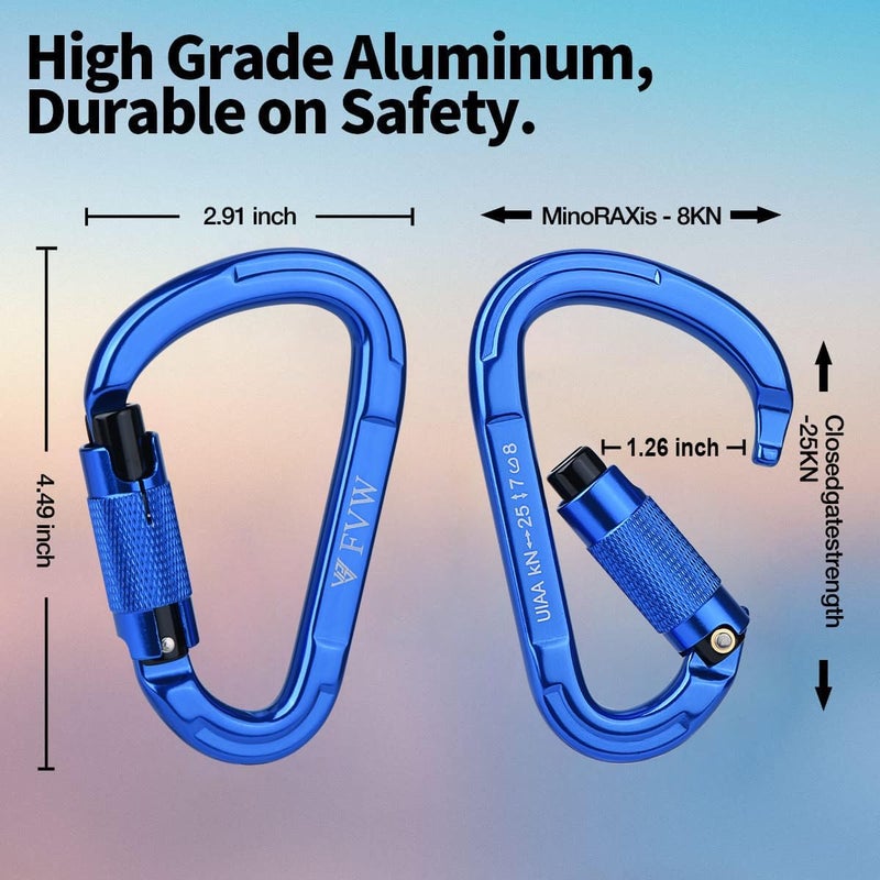 FVW Auto Locking Rock Climbing Carabiner Clips,Professional 25KN (5620 lbs) Heavy Duty Caribeaners for Rappelling Swing Rescue & Gym etc, Large D-Shaped Carabiners - Image 2
